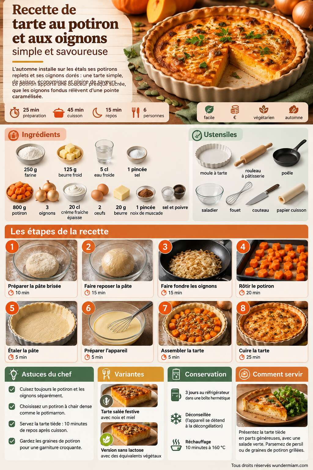 Fiche recette Recette de tarte au potiron et aux oignons : simple et savoureuse Fiche recette Recette de tarte au potiron et aux oignons : simple et savoureuse
