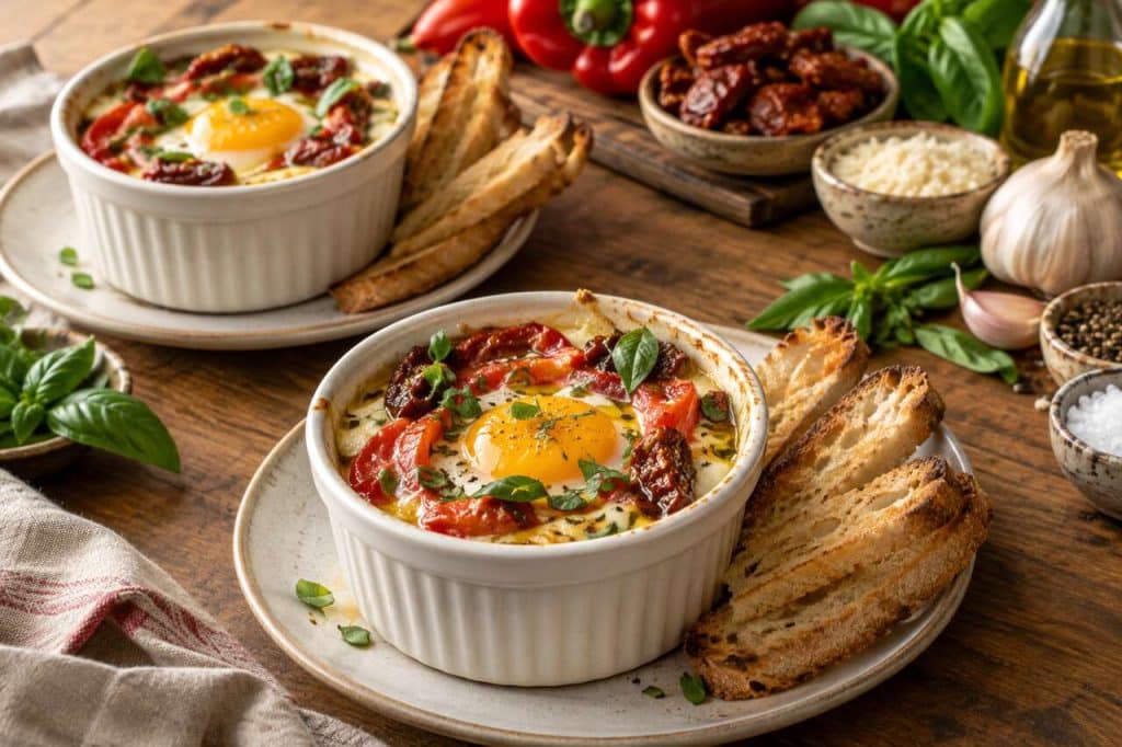 Recette d'œufs cocotte aux poivrons grillés et tomates séchées