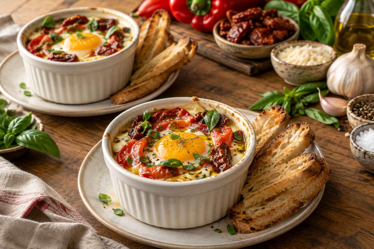 Recette d'œufs cocotte aux poivrons grillés et tomates séchées