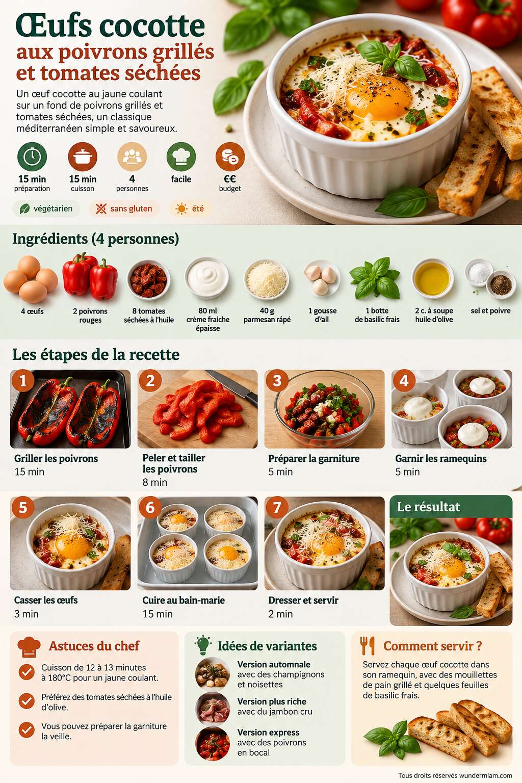 Fiche recette Recette d'&oelig;ufs cocotte aux poivrons grill&eacute;s et tomates s&eacute;ch&eacute;es