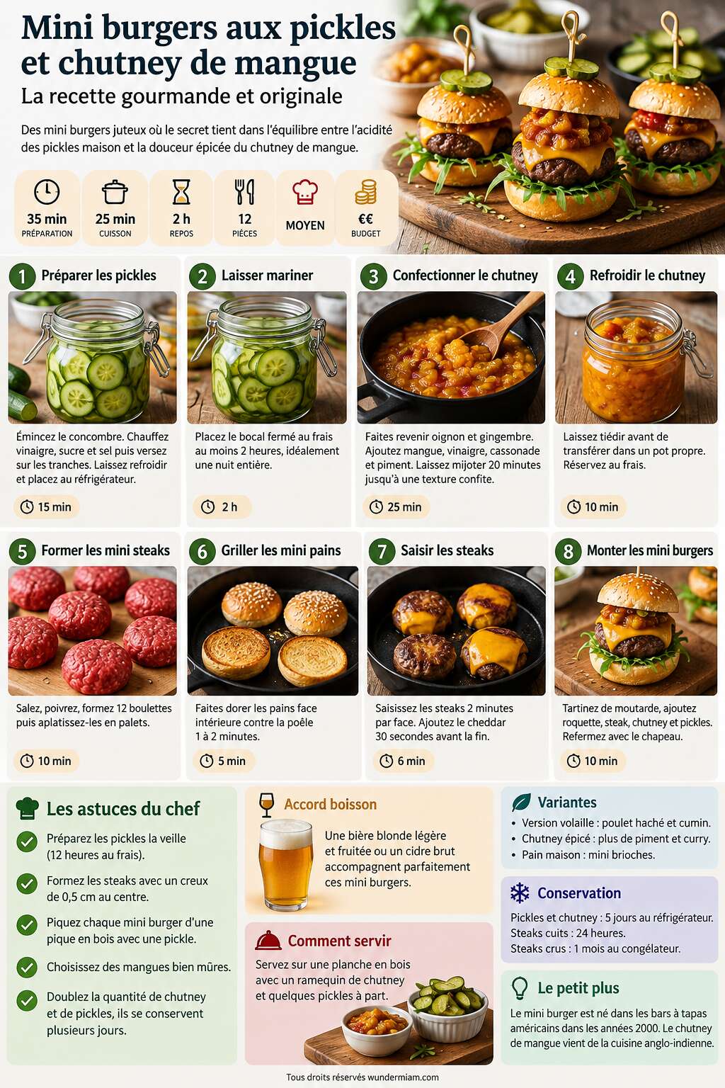 Fiche recette Mini burgers aux pickles et chutney de mangue : la recette gourmande et originale Fiche recette Mini burgers aux pickles et chutney de mangue : la recette gourmande et originale