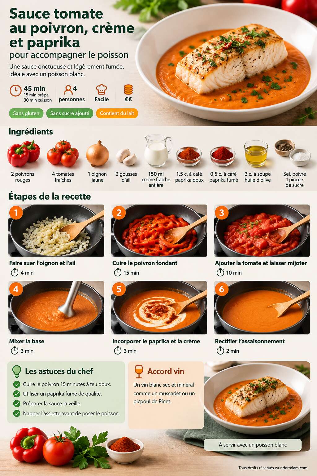 Fiche recette Recette de sauce tomate au poivron, crème et paprika pour accompagner le poisson Fiche recette Recette de sauce tomate au poivron, crème et paprika pour accompagner le poisson