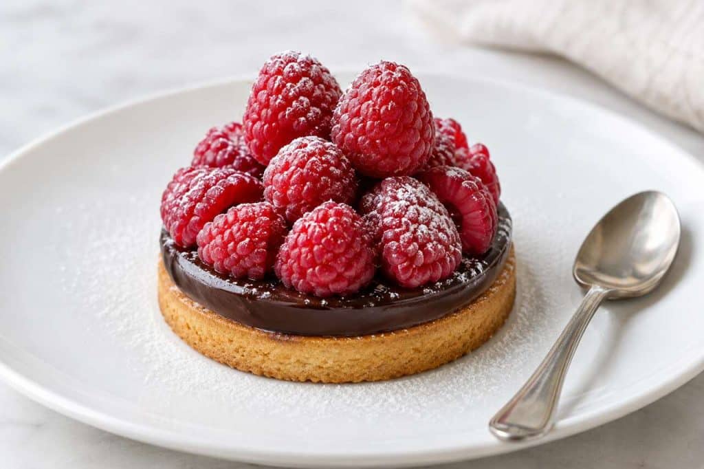 Recette de sablé aux framboises et chocolat à l'assiette