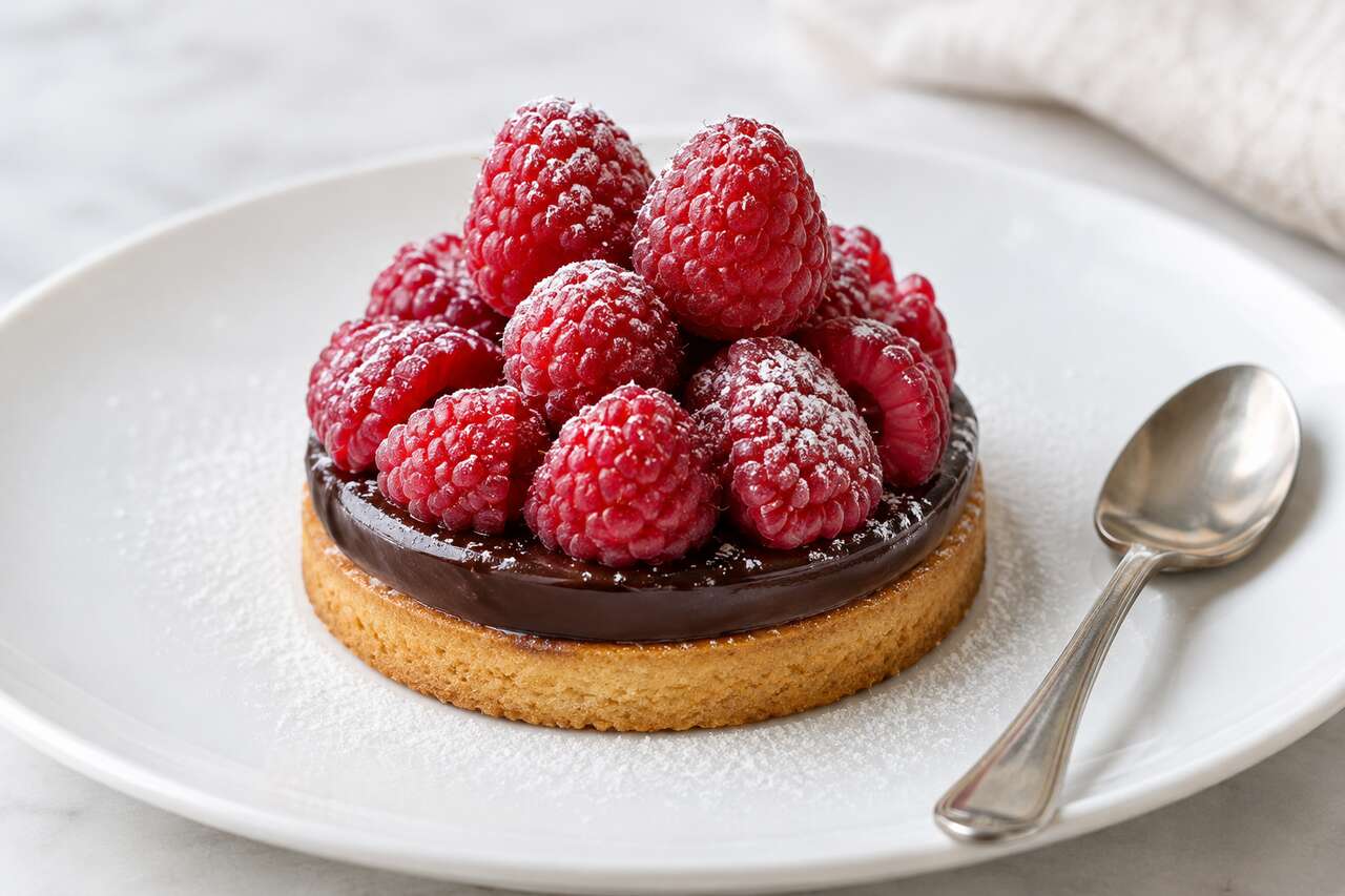 Recette de sablé aux framboises et chocolat à l'assiette