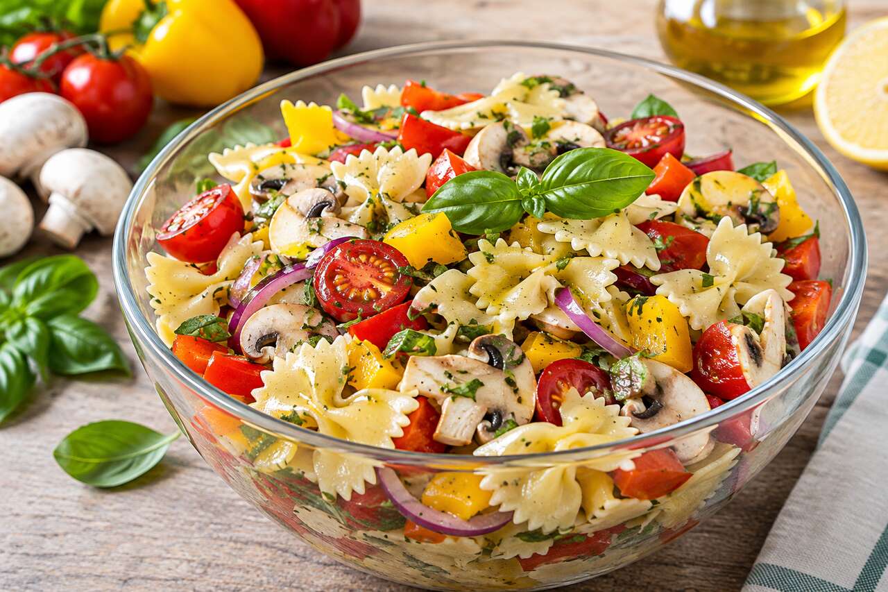 Recette de salade de farfalle minceur aux champignons, tomates et poivrons