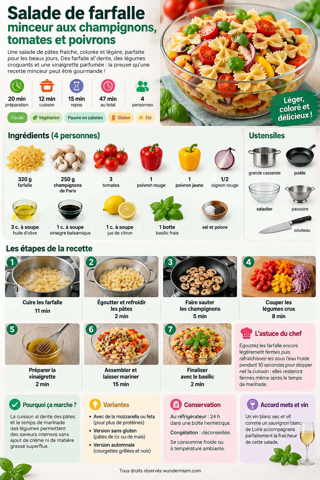 Fiche recette Recette de salade de farfalle minceur aux champignons, tomates et poivrons Fiche recette Recette de salade de farfalle minceur aux champignons, tomates et poivrons