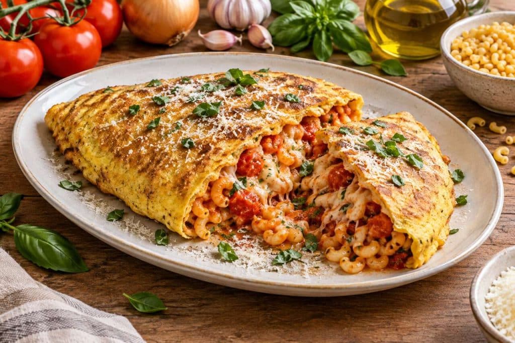 Recette de l'omelette fourrée aux coquillettes sauce tomate