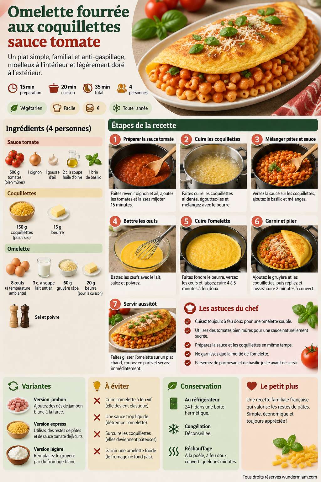 Fiche recette Recette de l'omelette fourrée aux coquillettes sauce tomate Fiche recette Recette de l'omelette fourrée aux coquillettes sauce tomate